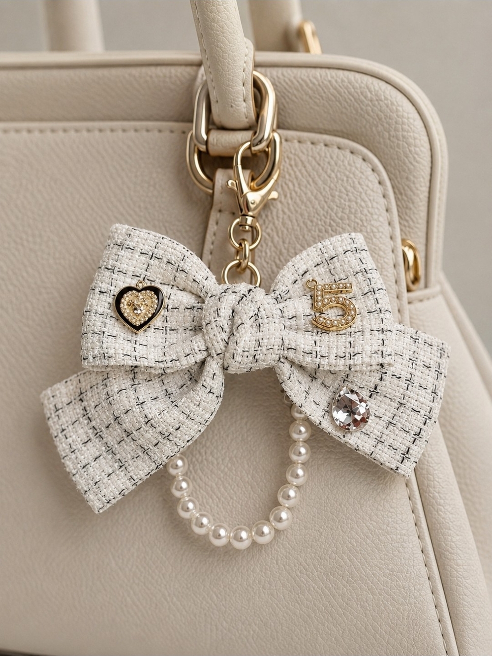 Pearl Bow Bag Charm Keychain in Cream Tweed